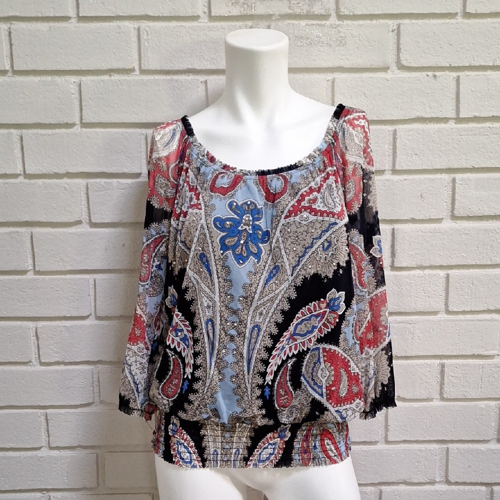 I.N.C Vibrant Paisley Print  Stud Detail Boho Vibes Top. Size Medium NWOT